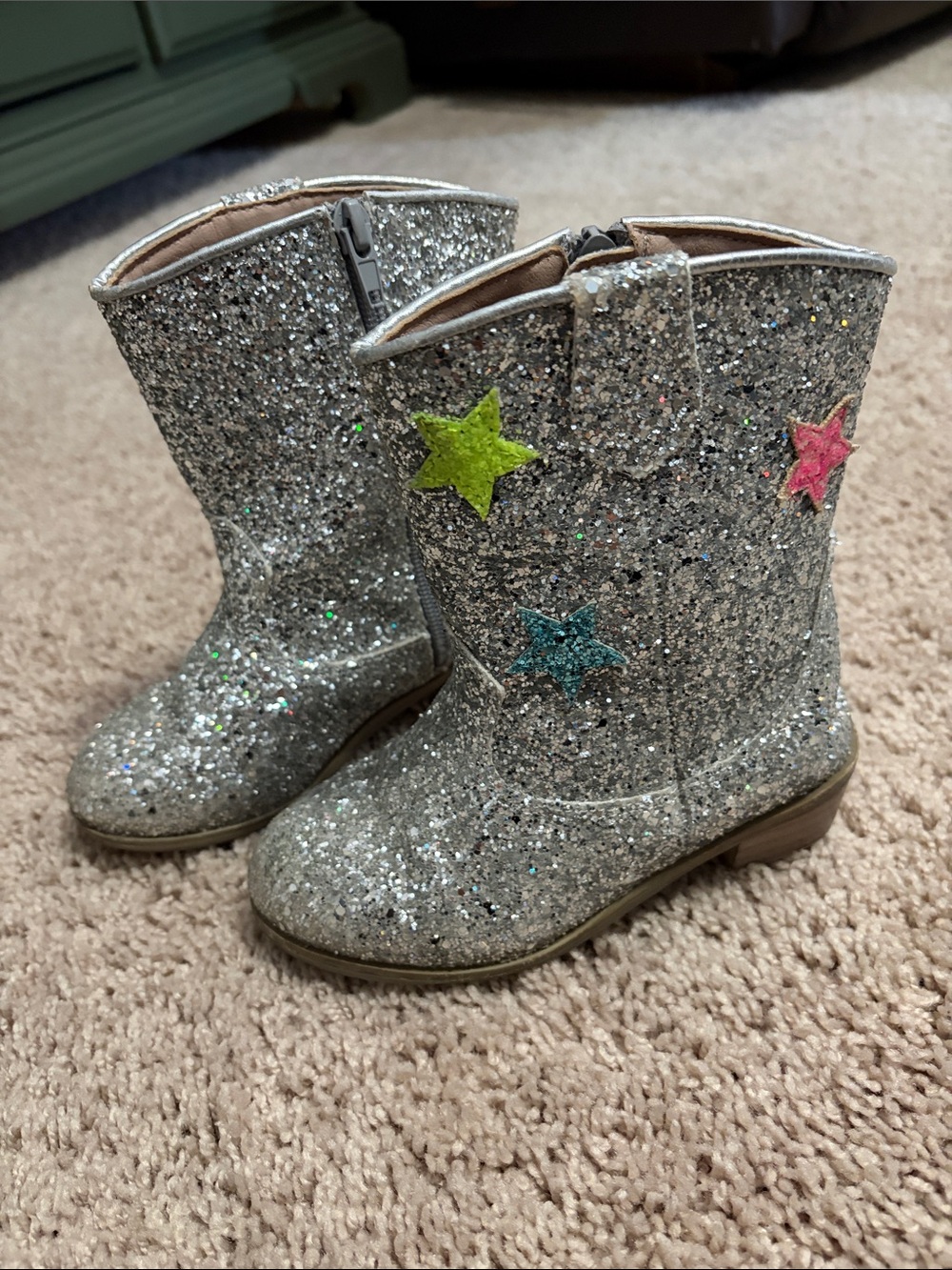 Lola + The Boys Silver Glitter Star Cowboy Boots with Pink Green Blue Stars